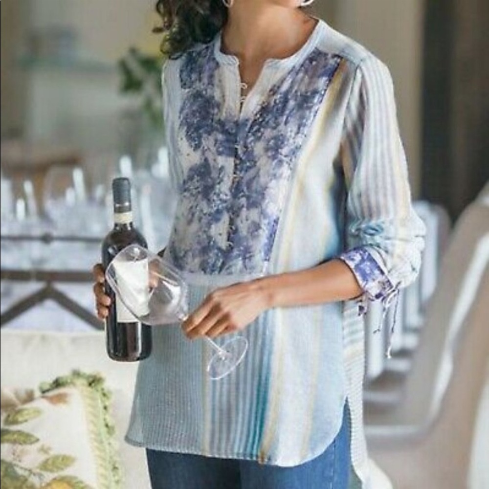 Soft Surroundings Floral Mixed Media Striped Gauzy Lightweight Linen Tunic